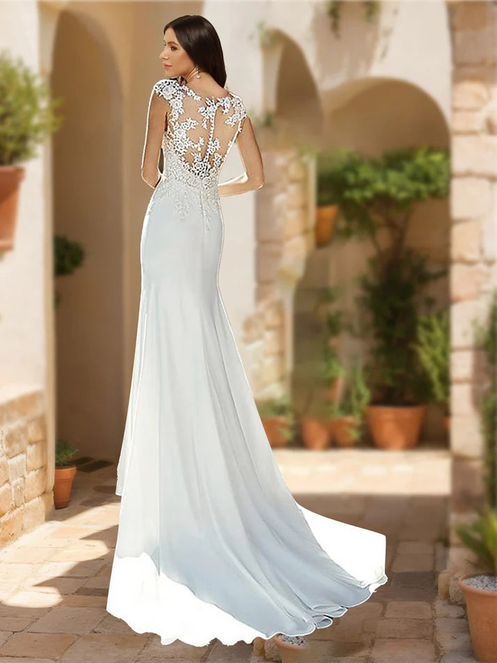 Trumpet/Mermaid Scoop Sleeveless Appliques Retract Your Waist Wedding Dresses